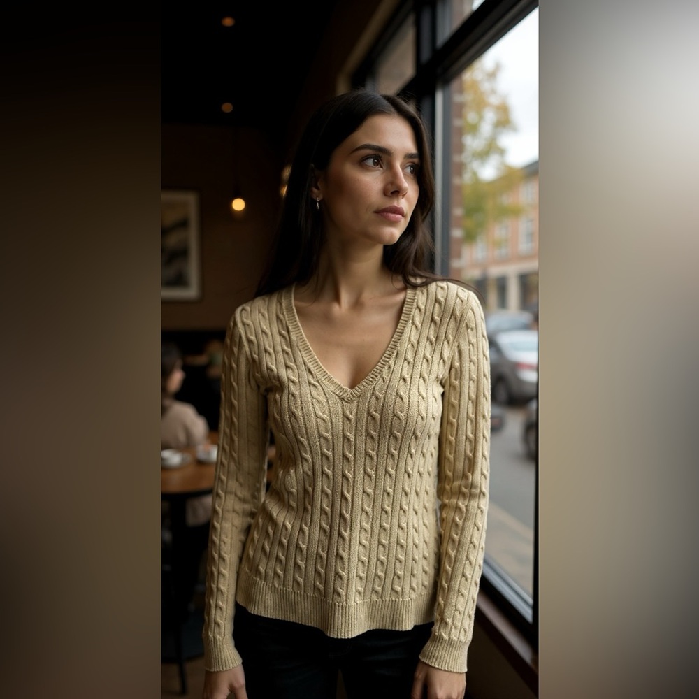 Ralph Lauren Tan V-Neck Cable Knit Sweater